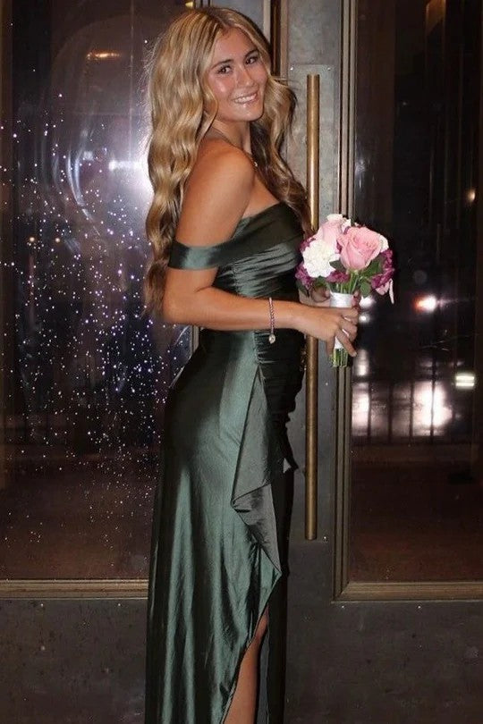 Lumidress Elegant Pink Off-Shoulder Satin Pleated Long Prom Dress with Slit