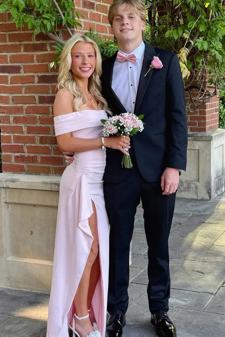 Lumidress Elegant Pink Off-Shoulder Satin Pleated Long Prom Dress with Slit