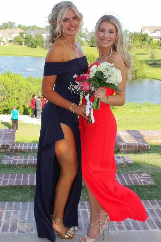 Lumidress Elegant Pink Off-Shoulder Satin Pleated Long Prom Dress with Slit