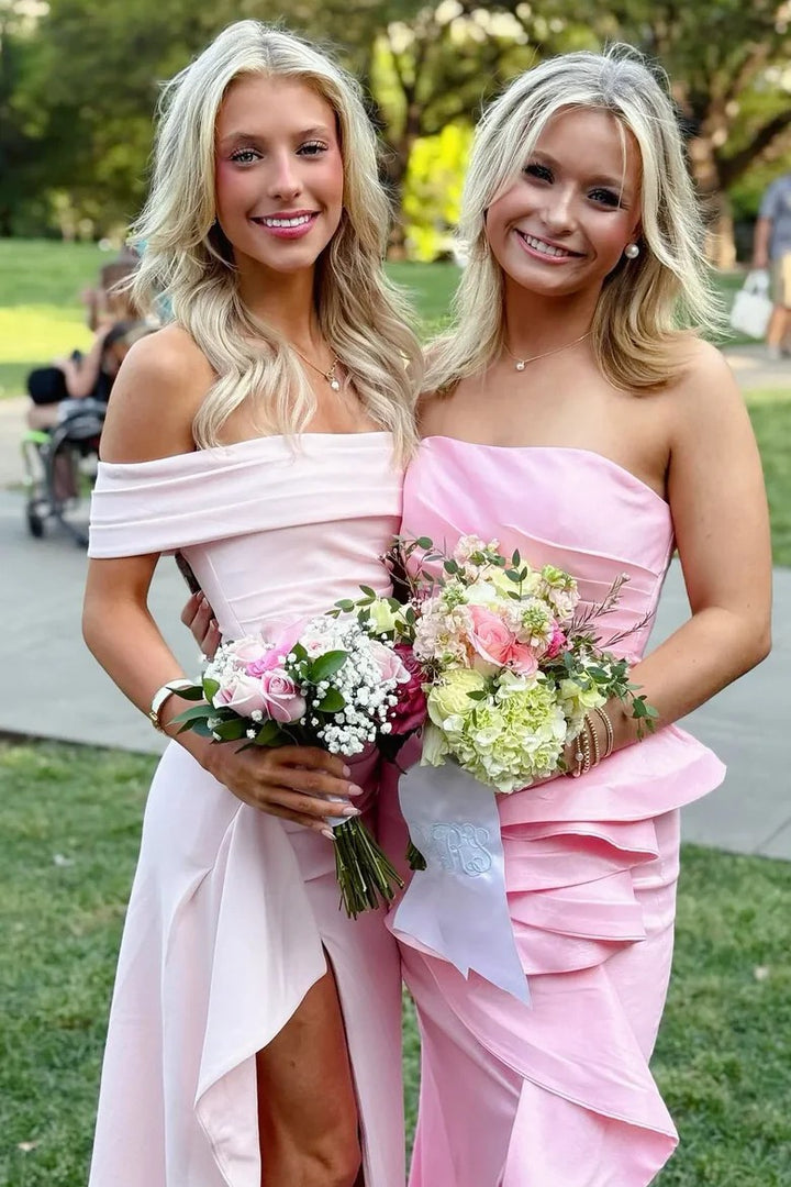 Lumidress Elegant Pink Off-Shoulder Satin Pleated Long Prom Dress with Slit