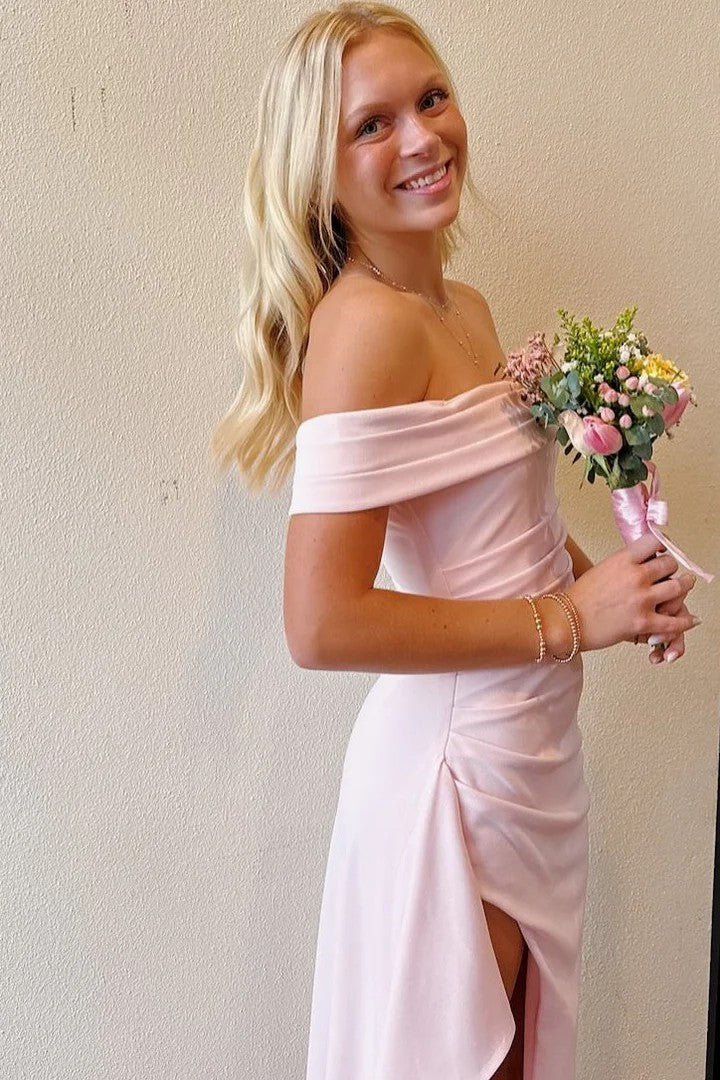 Lumidress Elegant Pink Off-Shoulder Satin Pleated Long Prom Dress with Slit