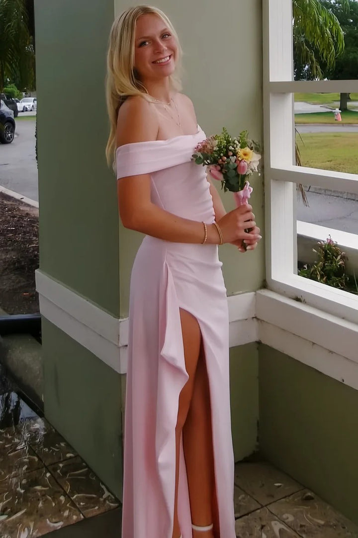 Lumidress Elegant Pink Off-Shoulder Satin Pleated Long Prom Dress with Slit