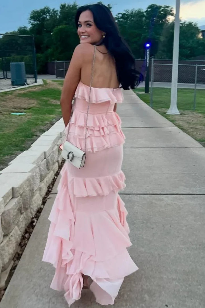 Lumidress Romantic Blush Strapless Tiered Chiffon Mermaid Prom Dress
