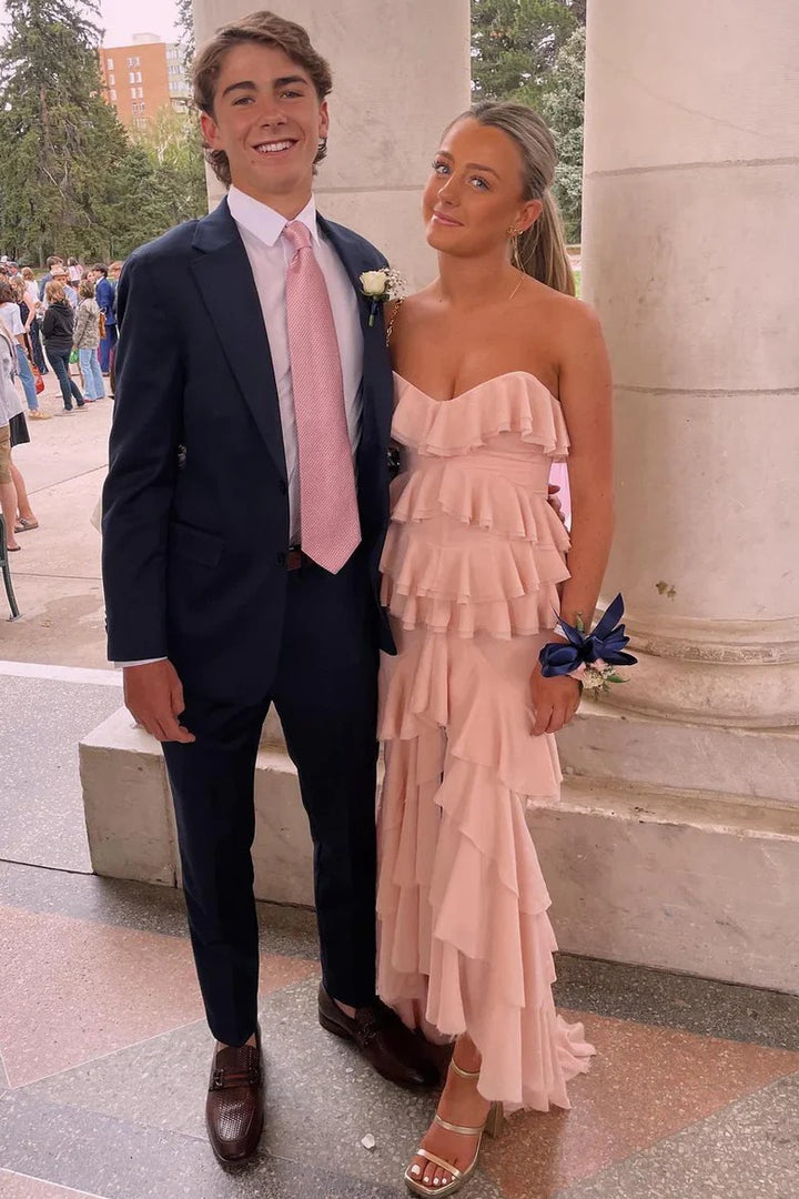 Lumidress Romantic Blush Strapless Tiered Chiffon Mermaid Prom Dress