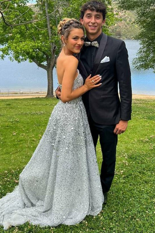 Lumidress Sparkly Silver Grey A-Line Strapless Sequin Long Prom Dress