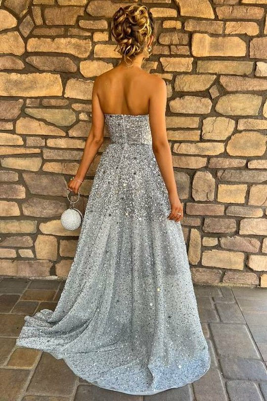 Lumidress Sparkly Silver Grey A-Line Strapless Sequin Long Prom Dress