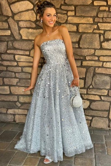 Lumidress Sparkly Silver Grey A-Line Strapless Sequin Long Prom Dress