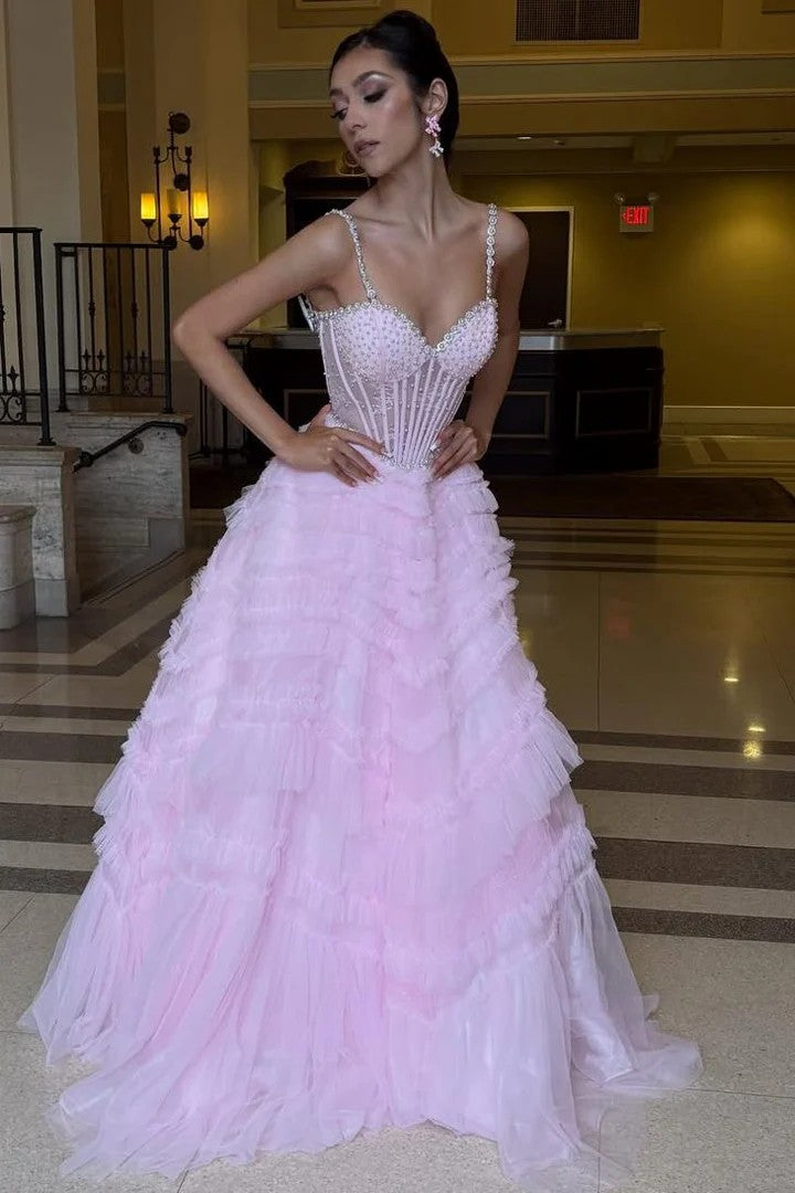 Lumidress Blush Pink Beaded Corset Ball Gown with Layered Ruffle Tulle Skirt