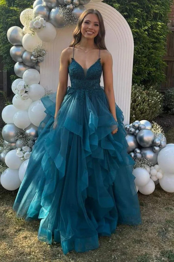 Lumidress Elegant Spaghetti Straps V-Neck Layered Tulle Prom Dress