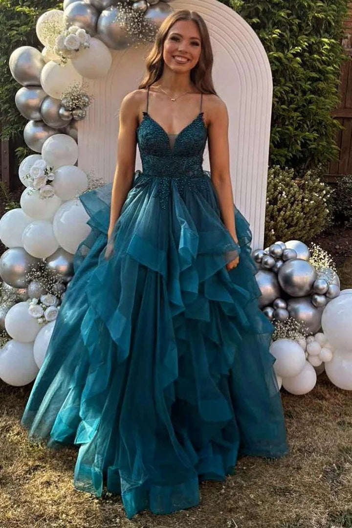 Lumidress Elegant Spaghetti Straps V-Neck Layered Tulle Prom Dress