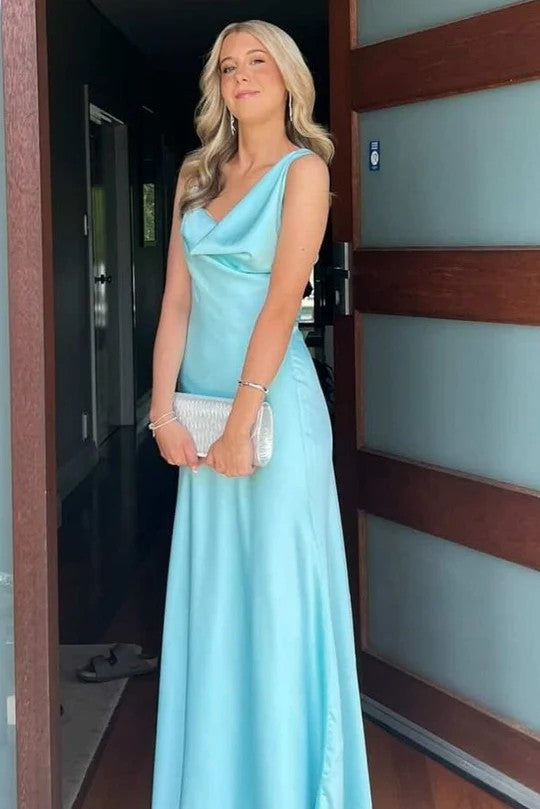 Lumidress Elegant Aqua Blue Cowl-Neck Satin Backless Long Prom Dress