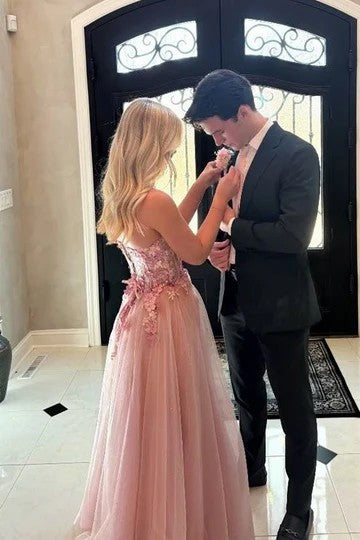 Lumidress Elegant Pink Strapless A-Line Tulle Long Prom Dress with Lace Appliqués