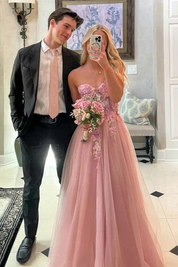 Lumidress Elegant Pink Strapless A-Line Tulle Long Prom Dress with Lace Appliqués