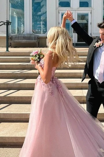 Lumidress Elegant Pink Strapless A-Line Tulle Long Prom Dress with Lace Appliqués