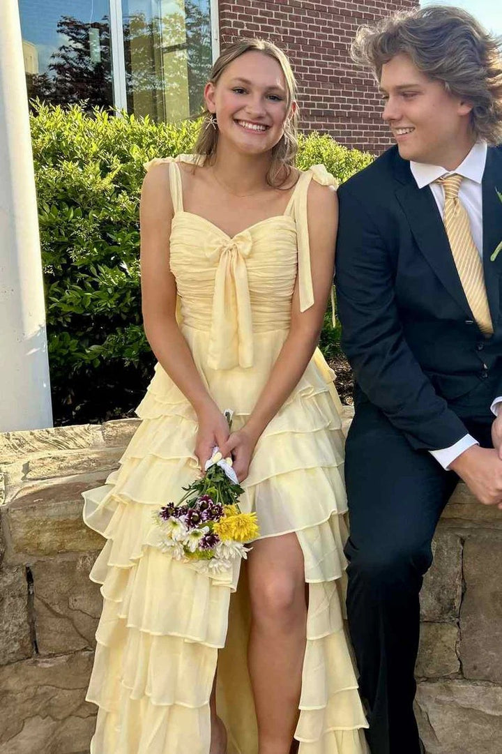 Lumidress Yellow Sleeveless A-Line Ruffled Prom Dress with Slit