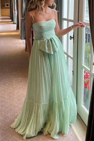 Lumidress Elegant Sage Spaghetti-Strap Empire-Waist Tulle A-Line Long Prom Dress