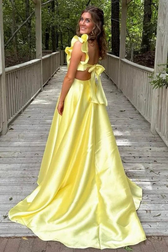 Lumidress Chic Satin A-Line Empire-Waist Spaghetti Straps Long Formal Prom Dress