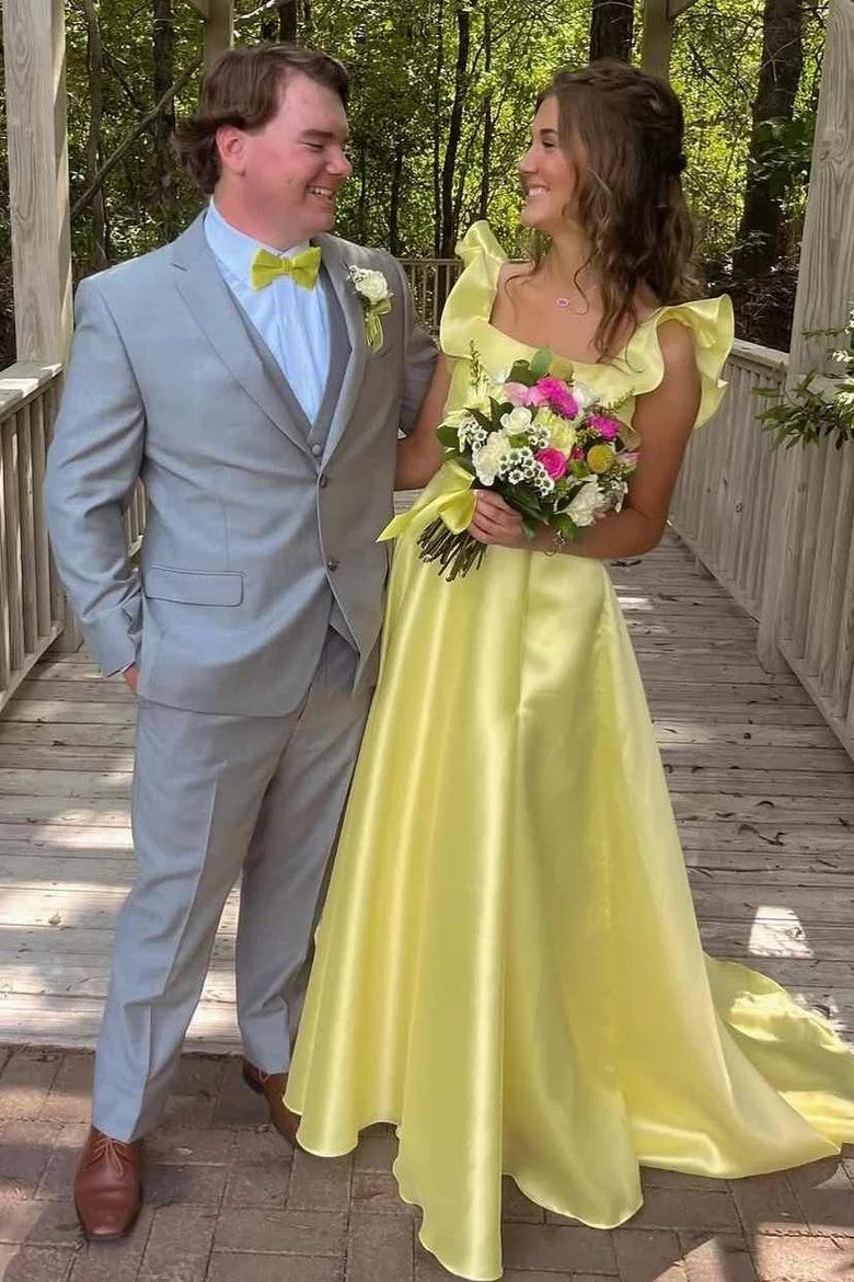 Lumidress Chic Satin A-Line Empire-Waist Spaghetti Straps Long Formal Prom Dress