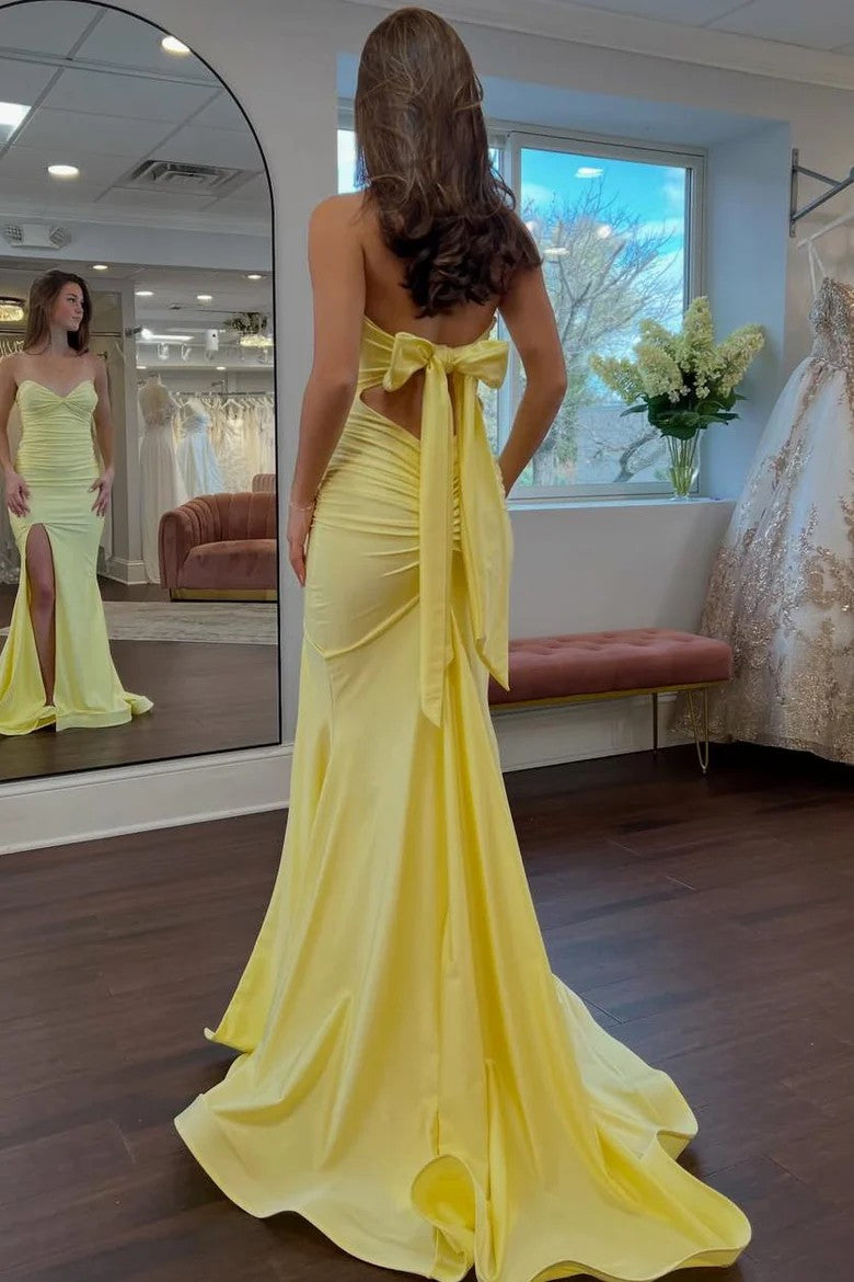 Lumidress Elegant Yellow Strapless Mermaid Prom Dress with Pleats &amp; High Slit