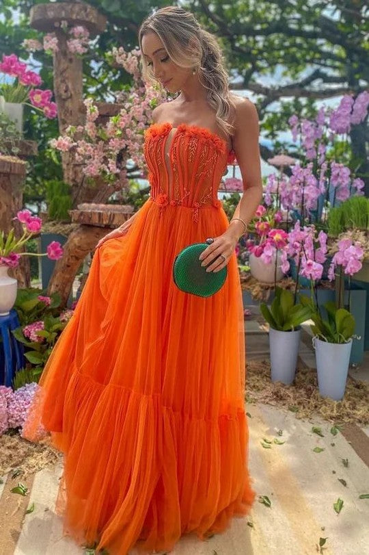 Lumidress Elegant Orange A-Line Empire-Waist Tulle Long Prom Dress