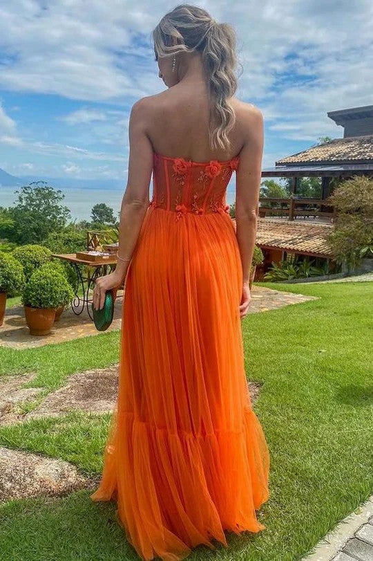 Lumidress Elegant Orange A-Line Empire-Waist Tulle Long Prom Dress