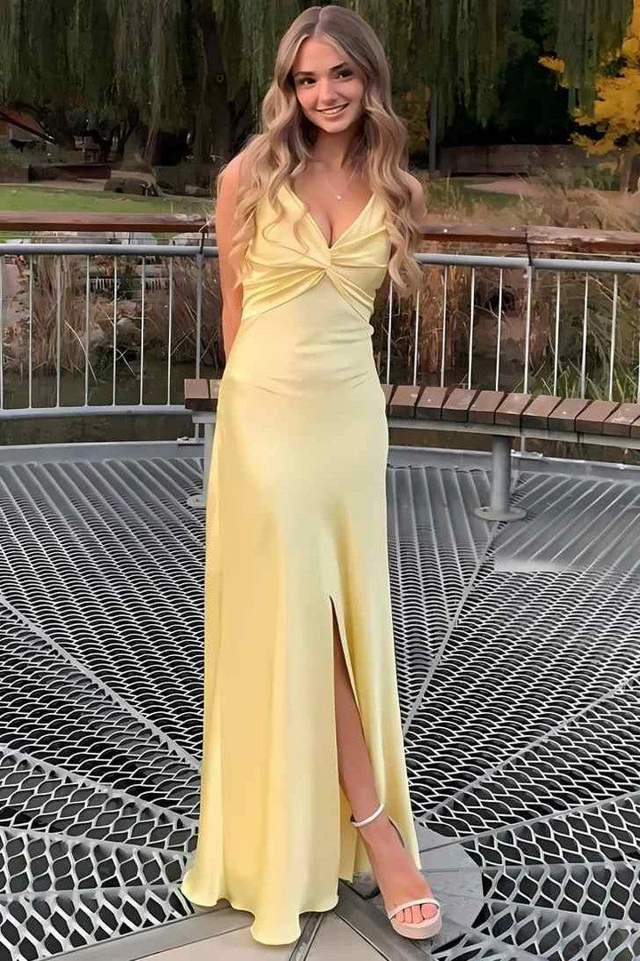 Lumidress Elegant Spaghetti-Strap V-Neck Satin Pleated Long Prom Dress
