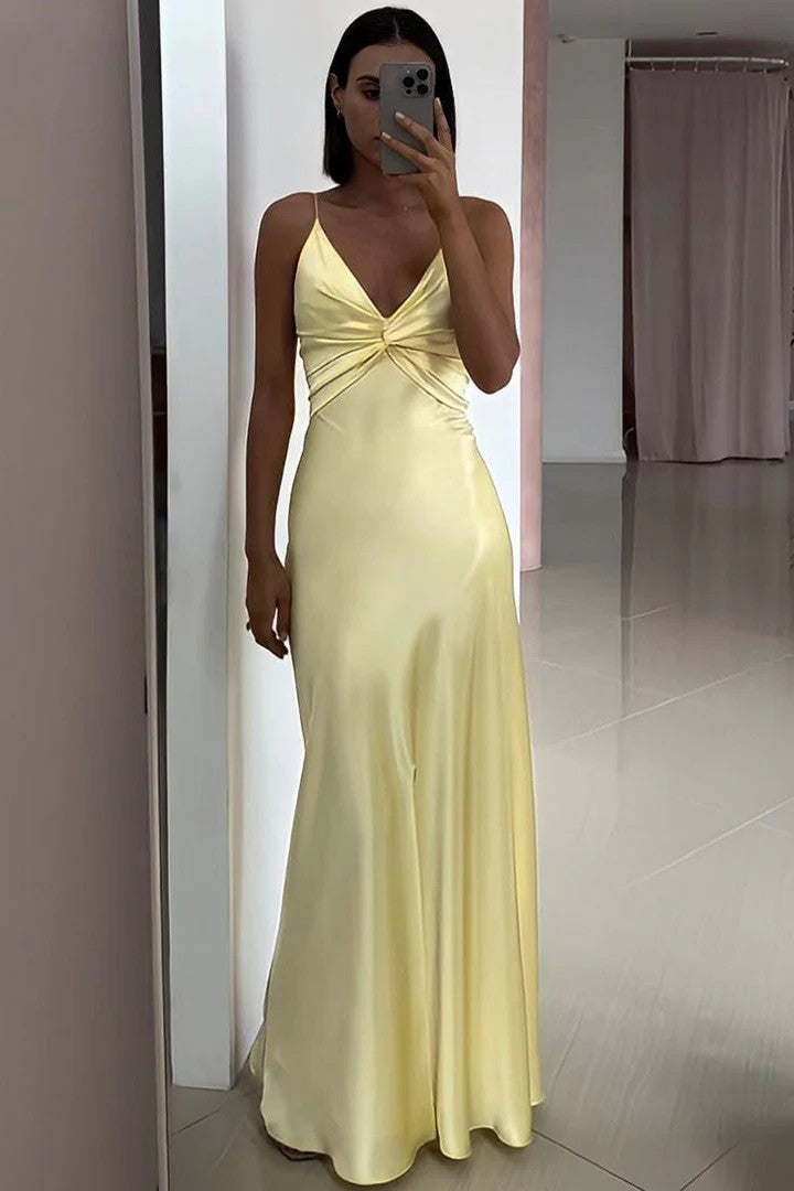 Lumidress Elegant Spaghetti-Strap V-Neck Satin Pleated Long Prom Dress
