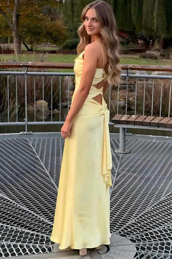 Lumidress Elegant Spaghetti-Strap V-Neck Satin Pleated Long Prom Dress