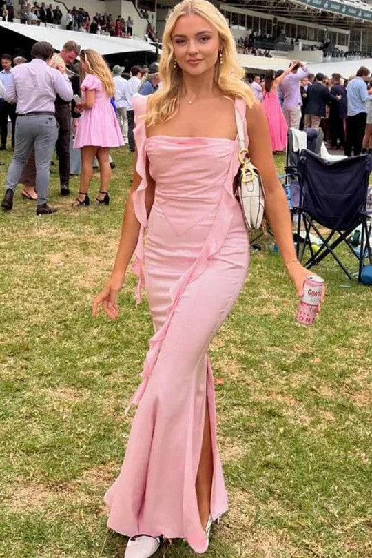 Lumidress Romantic Blush Satin Open-Back Mermaid Evening Gown with Ruffle Ties