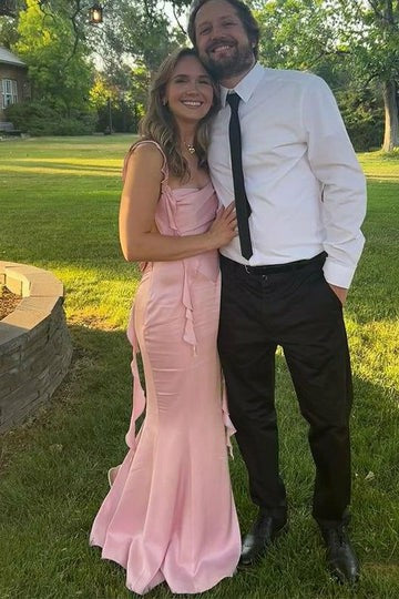 Lumidress Romantic Blush Satin Open-Back Mermaid Evening Gown with Ruffle Ties