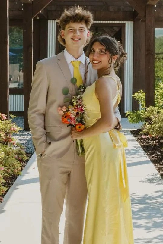 Lumidress Elegant Yellow Satin Double-Strap A-Line Long Prom Dress with Pleats