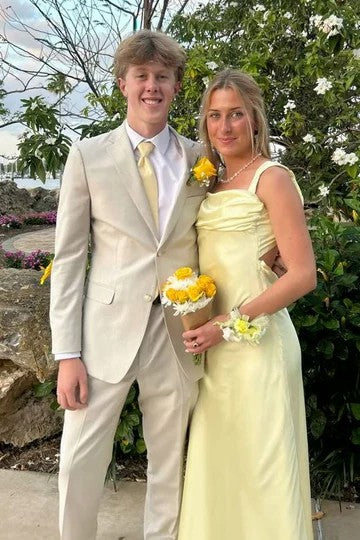 Lumidress Elegant Yellow Satin Double-Strap A-Line Long Prom Dress with Pleats