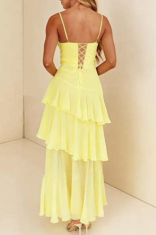 Lumidress Romantic Yellow Spaghetti-Strap Layered Chiffon Long Prom Dress