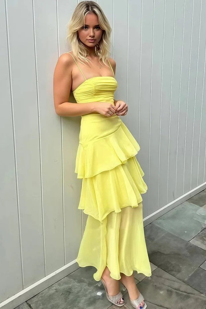 Lumidress Romantic Yellow Spaghetti-Strap Layered Chiffon Long Prom Dress