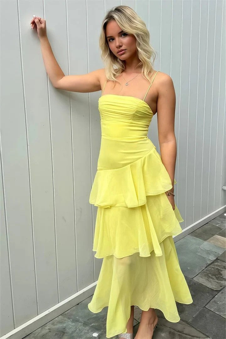 Lumidress Romantic Yellow Spaghetti-Strap Layered Chiffon Long Prom Dress