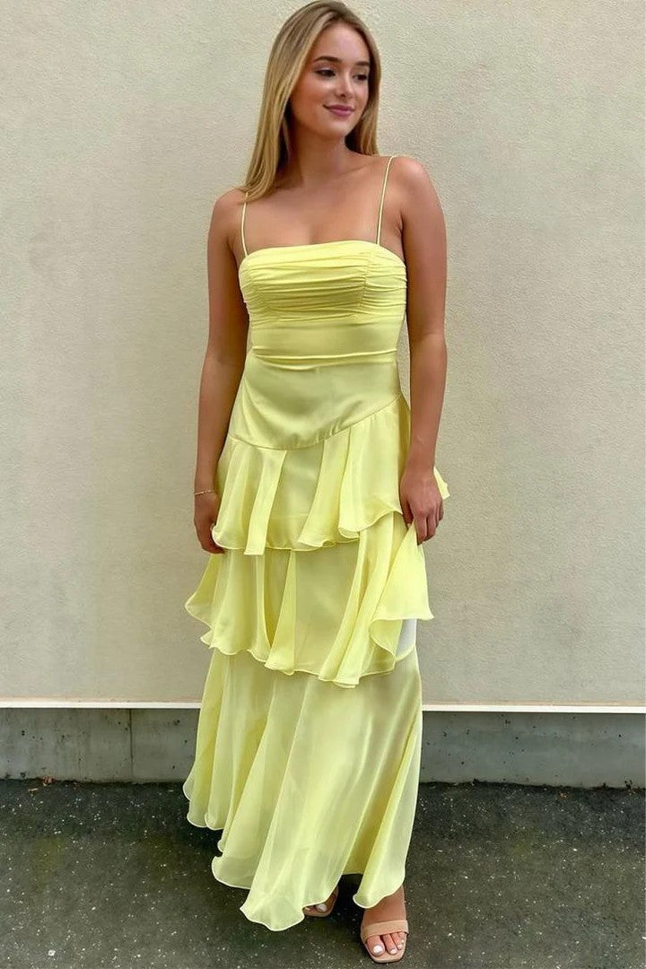 Lumidress Romantic Yellow Spaghetti-Strap Layered Chiffon Long Prom Dress