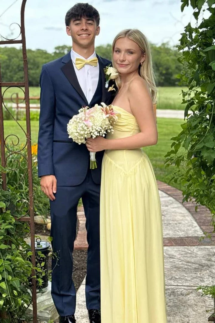 Lumidress Yellow Strapless A-Line Pleated Floor-Length Party Prom Dress