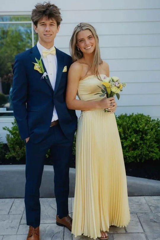 Lumidress Yellow Strapless A-Line Pleated Floor-Length Party Prom Dress