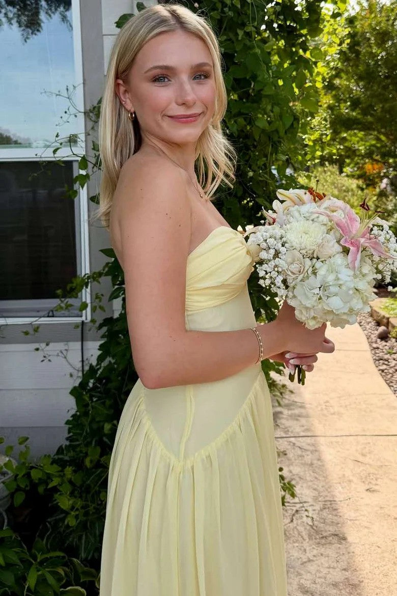 Lumidress Yellow Strapless A-Line Pleated Floor-Length Party Prom Dress