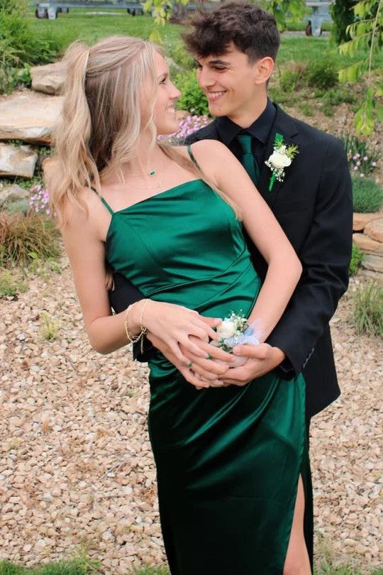 Lumidress Elegant Green Satin Spaghetti Straps A-Line Prom Dress with Pleated Slit