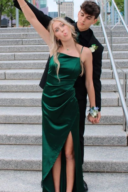 Lumidress Elegant Green Satin Spaghetti Straps A-Line Prom Dress with Pleated Slit