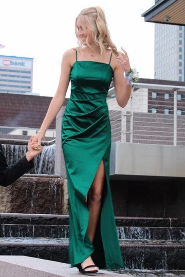 Lumidress Elegant Green Satin Spaghetti Straps A-Line Prom Dress with Pleated Slit