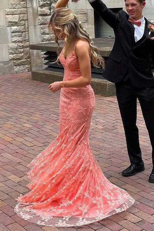 Lumidress Romantic Blush Lace V-Neck Mermaid Prom Dress with Sweep Train
