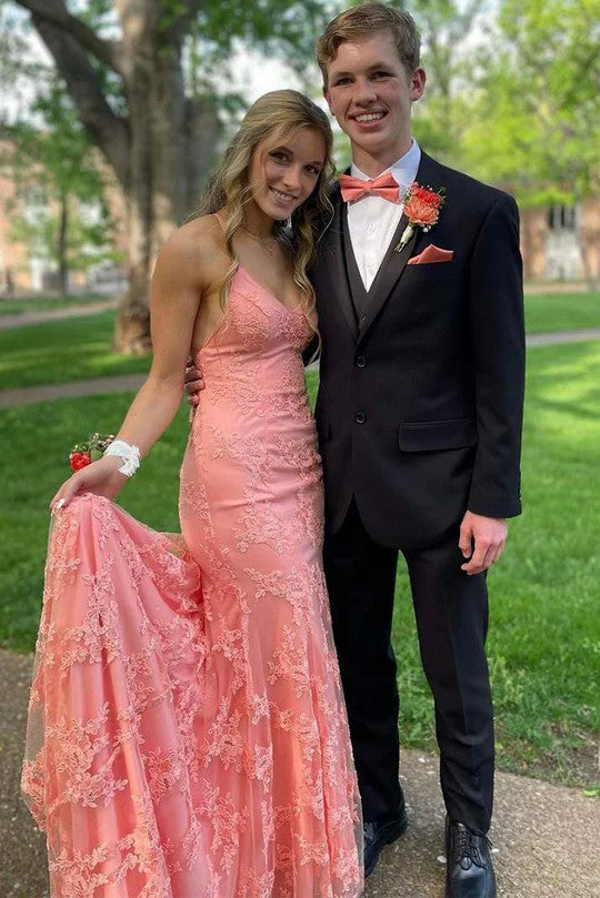 Lumidress Romantic Blush Lace V-Neck Mermaid Prom Dress with Sweep Train