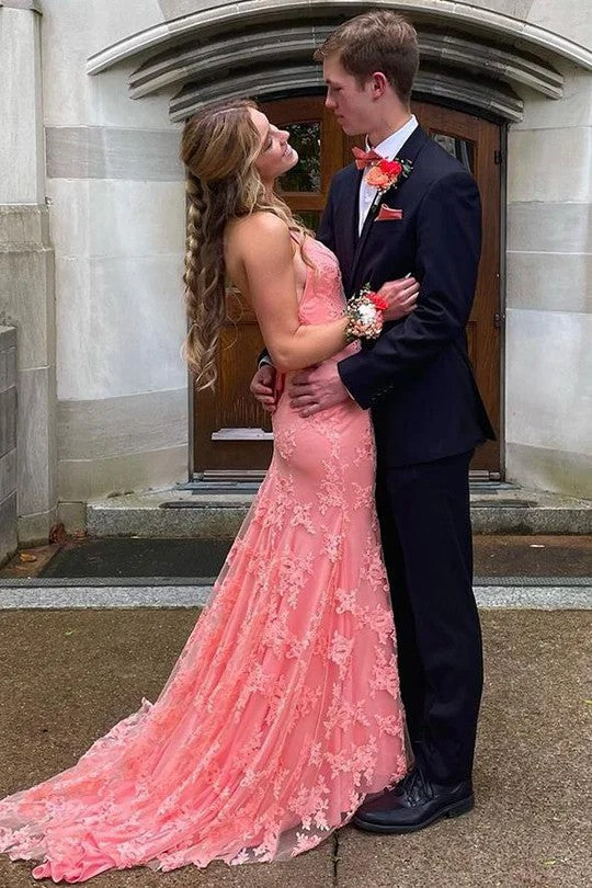 Lumidress Romantic Blush Lace V-Neck Mermaid Prom Dress with Sweep Train
