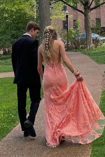 Lumidress Romantic Blush Lace V-Neck Mermaid Prom Dress with Sweep Train