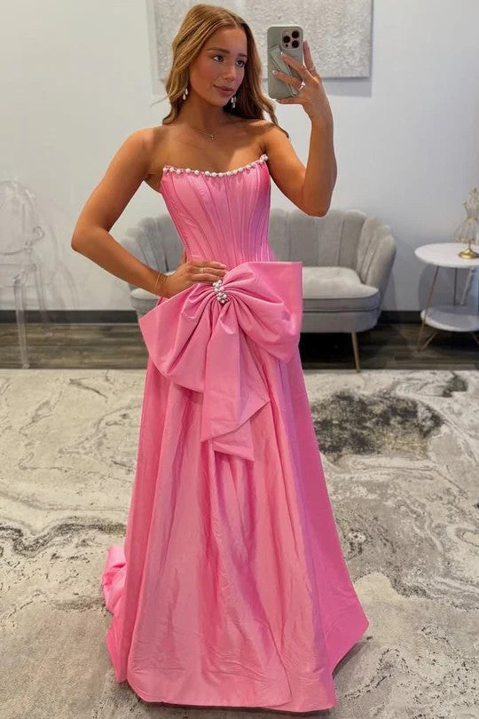 Lumidress Romantic Strapless A-Line Prom Dress with High Slit and Bow Detail