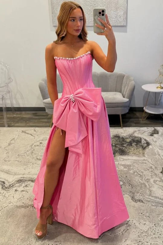 Lumidress Romantic Strapless A-Line Prom Dress with High Slit and Bow Detail