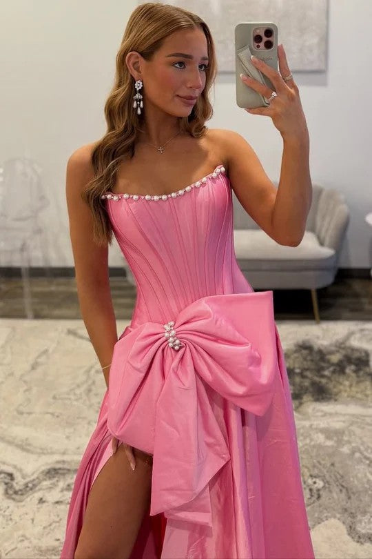 Lumidress Romantic Strapless A-Line Prom Dress with High Slit and Bow Detail