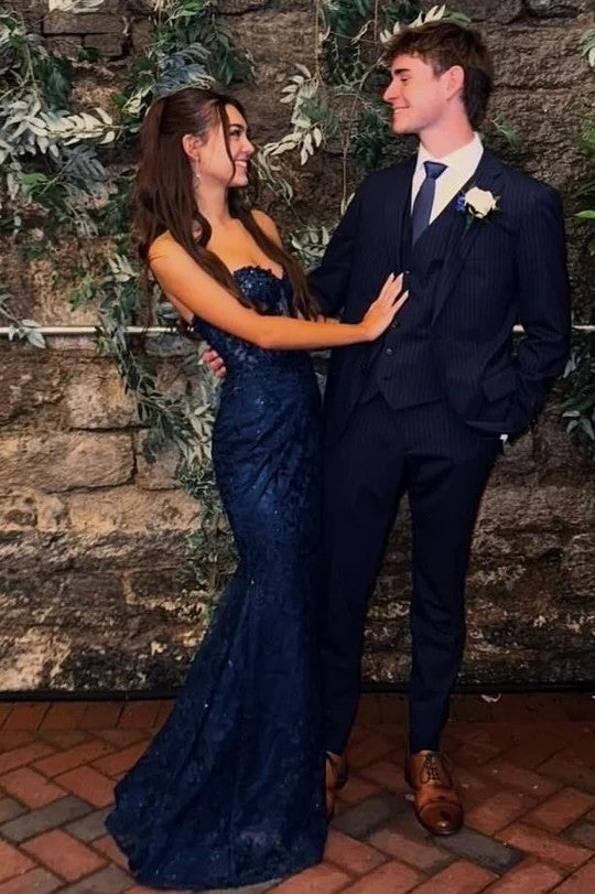 Lumidress Navy Blue Strapless Sweetheart Mermaid Prom Dress with Lace Appliqués